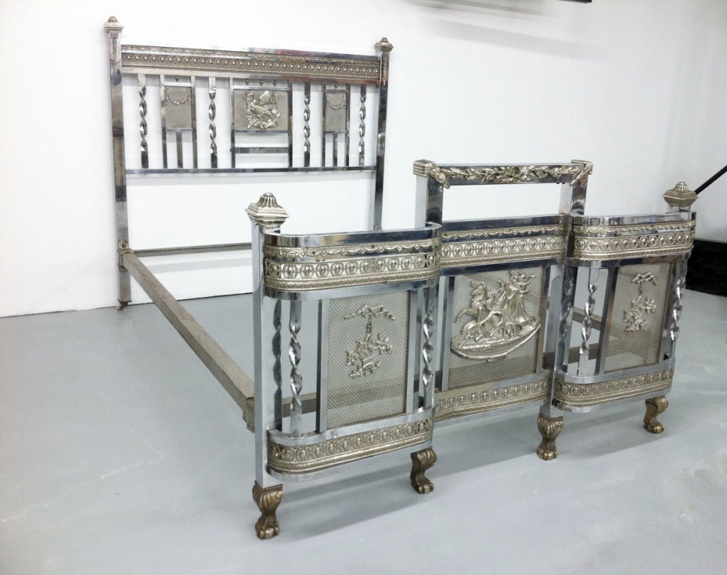 Rare art deco chrome four post bed, c. 1920s France. Full size. Incredible details: Twisted rods, chariot and horse metal figures, mini caster wheels as headboard feet, brass claw on ball feet for footboard. Steel tongue and groove beams connect for