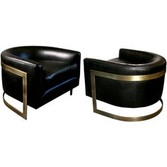 Pair of Rare Milo Baughman Bronze Cantilevered Barrel Chairs