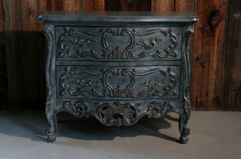 Pair of French Baroque Carved Wood Night Stands, France c. 1940's. Exquisite hand carved details, elegant curved legs, solid wood newly refinished in a blue/grey/black antique finish with walnut stain on the details for a stunning subtle contrast,