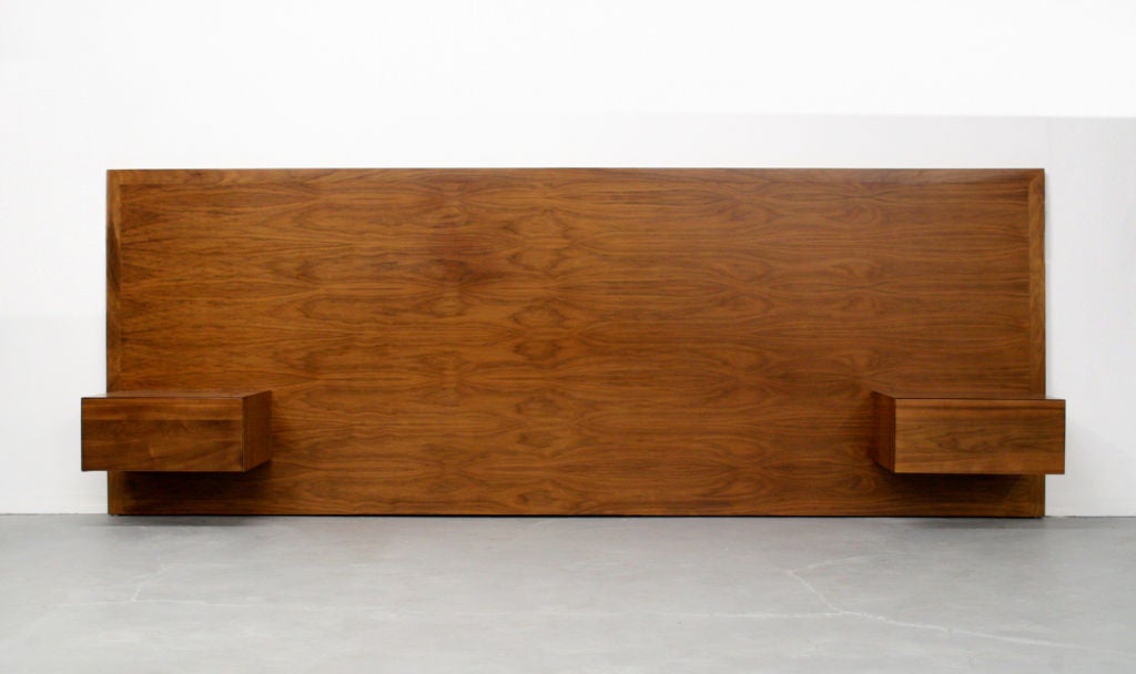 Danish wood headboard, c. 1990s. Beautiful solid slab of wood with exquisite striations. Mounts on the wall by french cleats, allowing you to be able to adjust to any height, or can sit on the floor against the wall. Attached matching solid wood