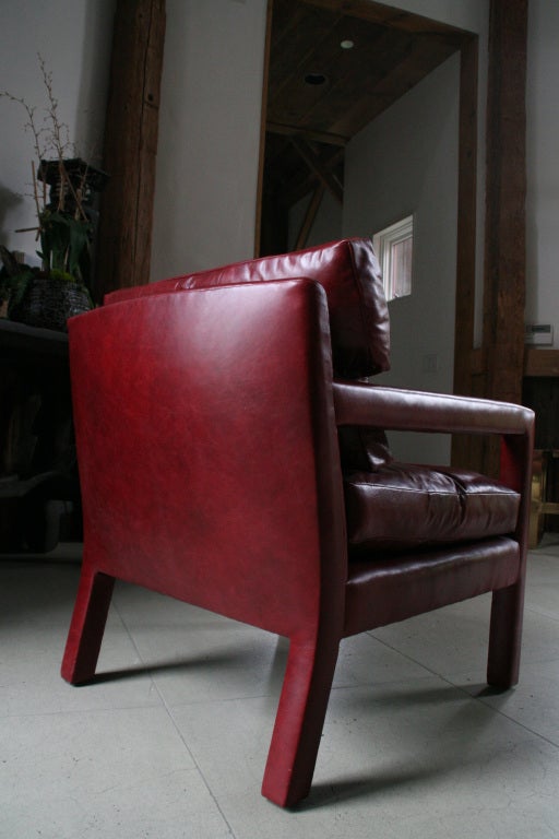 Late 20th Century Pair of Milo Baughman Blood Red Leather Upholstered Arm Chairs For Sale
