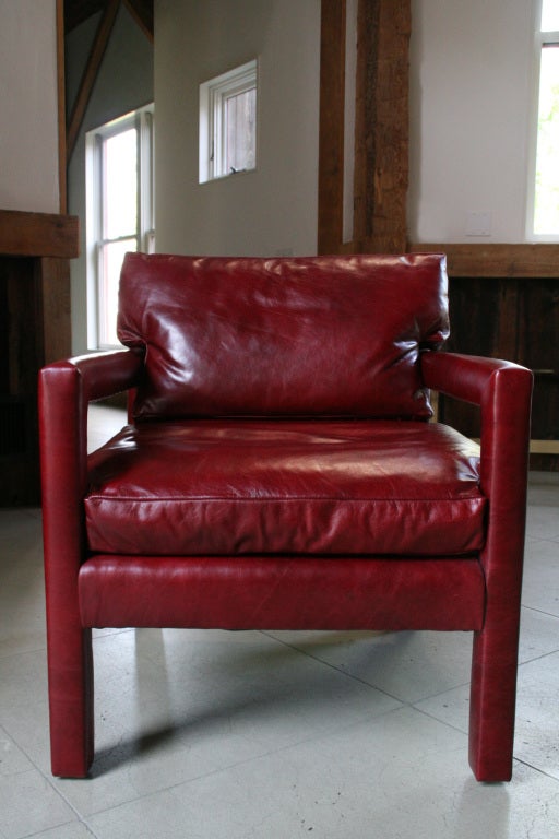 Pair of Milo Baughman Blood Red Leather Upholstered Arm Chairs For Sale 1