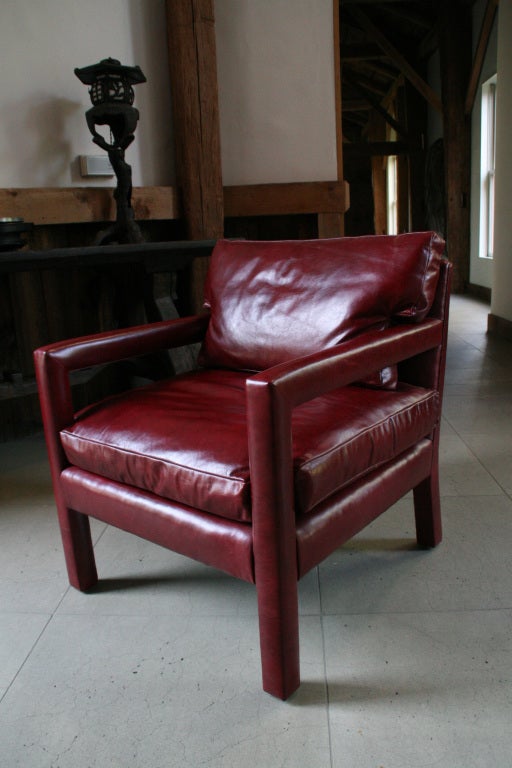 Pair of Milo Baughman Blood Red Leather Upholstered Arm Chairs For Sale 3