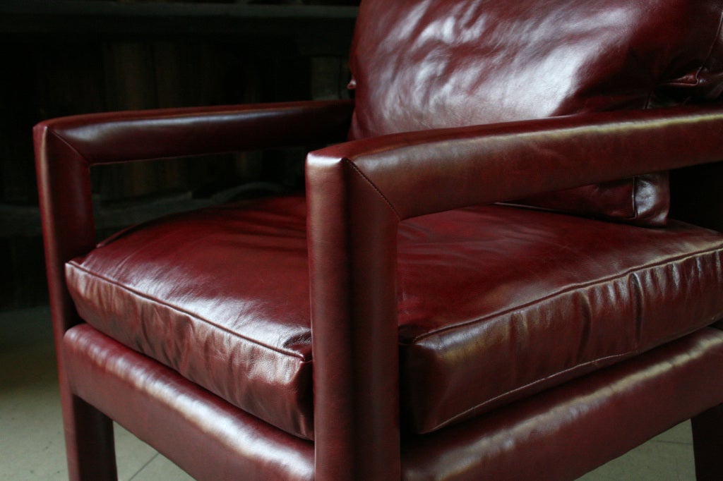 Pair of Milo Baughman Blood Red Leather Upholstered Arm Chairs For Sale 4