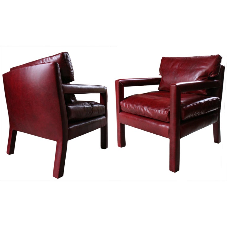 Pair of Milo Baughman Blood Red Leather Upholstered Arm Chairs For Sale