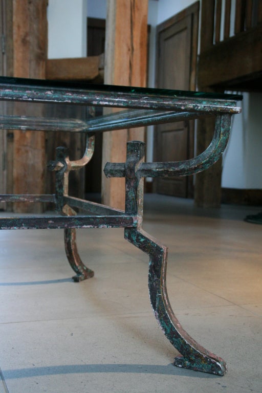 Gothic French Distressed Iron Glass Top Coffee Table In Excellent Condition For Sale In Los Angeles, CA