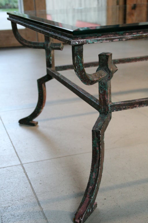 Mid-20th Century Gothic French Distressed Iron Glass Top Coffee Table For Sale