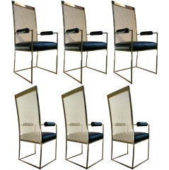6 Milo Baughman Brass & Cane Back Leather Dining Chairs