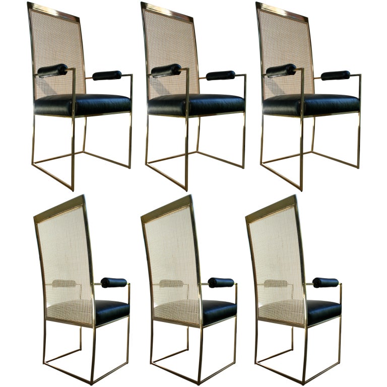 6 Milo Baughman Brass & Cane Back Leather Dining Chairs For Sale