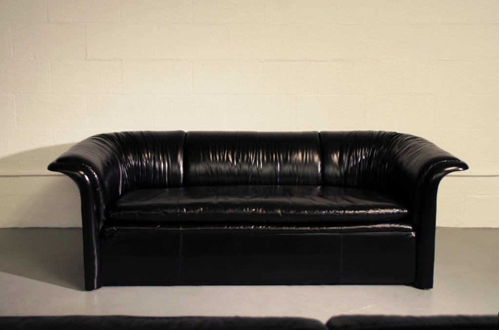 American Pair of Rare Dunbar Loveseats, in Sexy Black Gathered Leather For Sale