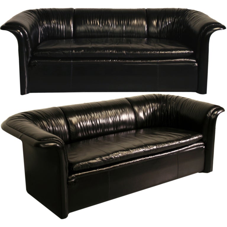 Pair of Rare Dunbar Loveseats, in Sexy Black Gathered Leather For Sale