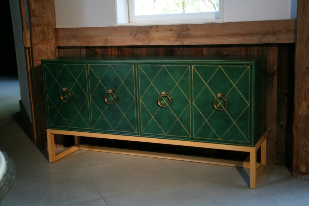 American Tommi Parzinger Leather Credenza with Brass Pulls For Sale