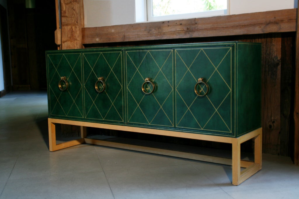 Mid-20th Century Tommi Parzinger Leather Credenza with Brass Pulls For Sale