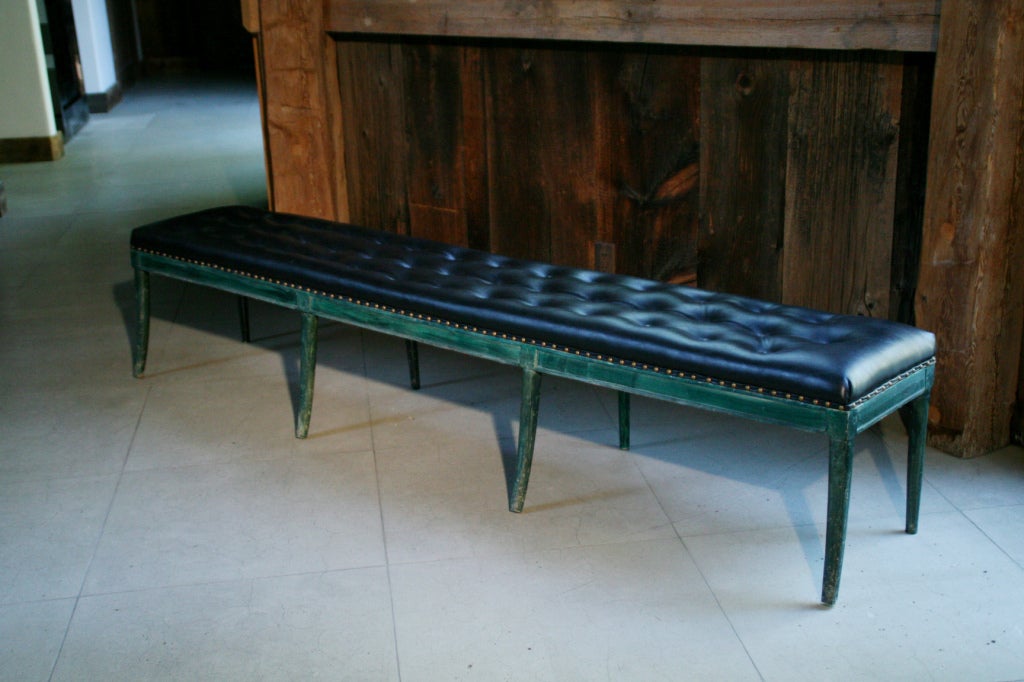 American 7 Ft. Tony Duquette Malachite Painted Bench w/ Tufted Seat For Sale