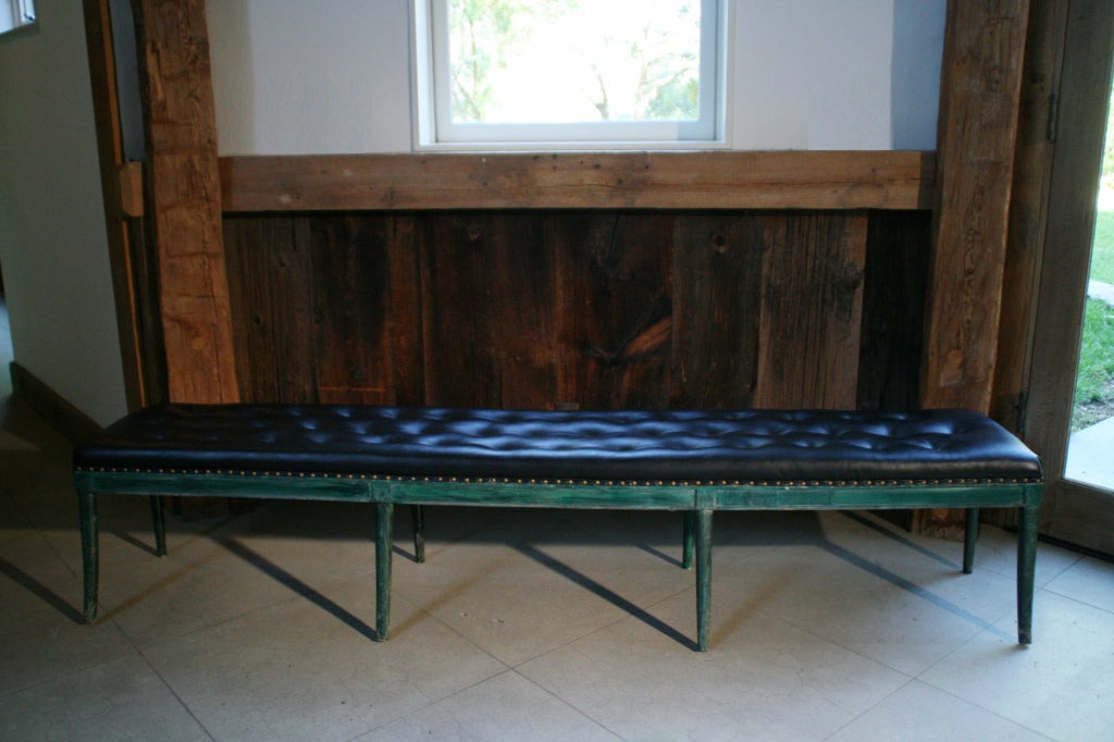 7 Ft. Tony Duquette Malachite Painted Bench w/ Tufted Seat In Good Condition For Sale In Los Angeles, CA