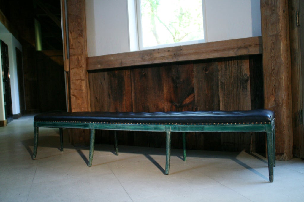 Mid-20th Century 7 Ft. Tony Duquette Malachite Painted Bench w/ Tufted Seat For Sale