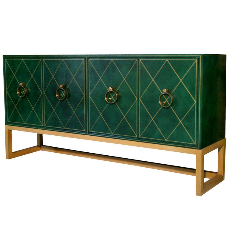 Tommi Parzinger Leather Credenza with Brass Pulls For Sale