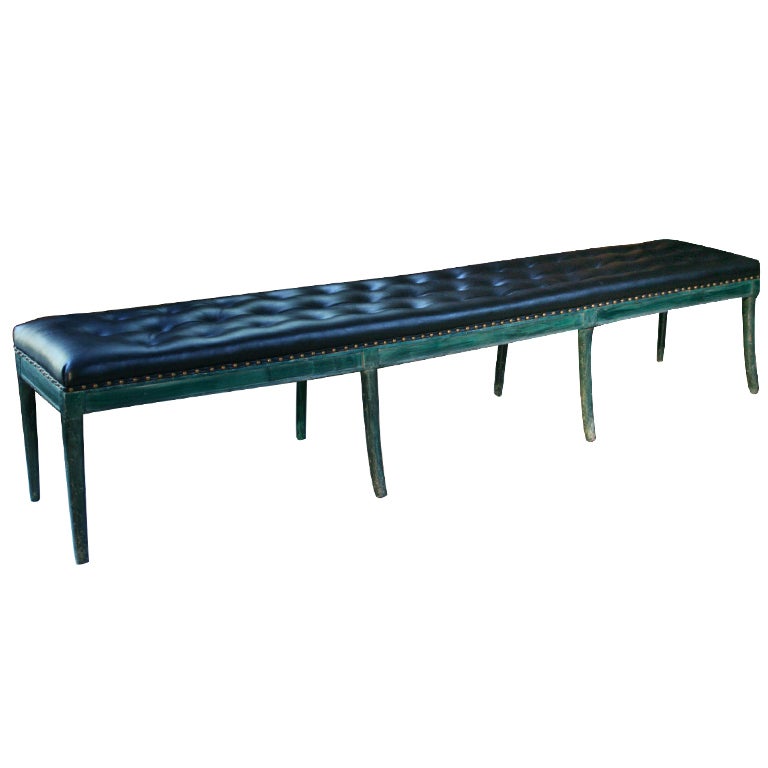 7 Ft. Tony Duquette Malachite Painted Bench w/ Tufted Seat For Sale