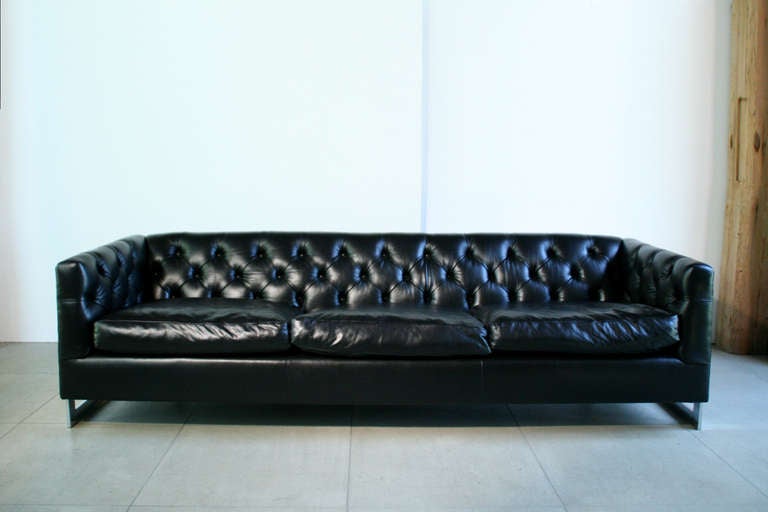 American Rare Milo Baughman Chrome Cantilevered Tufted Leather Sofa For Sale