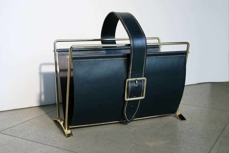 Hermes magazine holder, c. 1950s France. Original signature green Hermes leather with newly replated polished brass frame and buckle. Makes a great gift for the holidays!