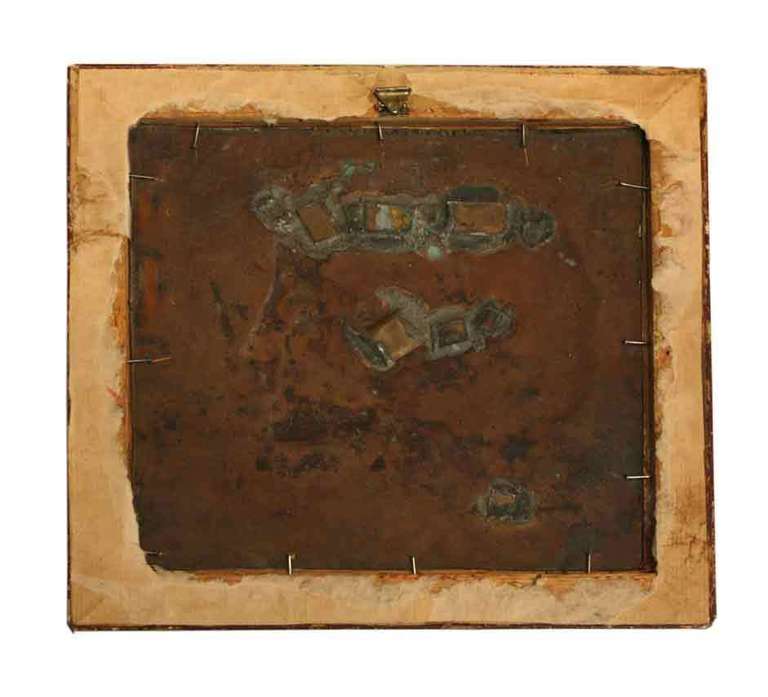 Vienna, circa 1910.
Georg Klimt (1867-1931).
Chased copper relief.
Green, light blue and turquoise glass cabochons
mounted in wooden frame.
Can be cleaned upon request.

Framed: 10.5