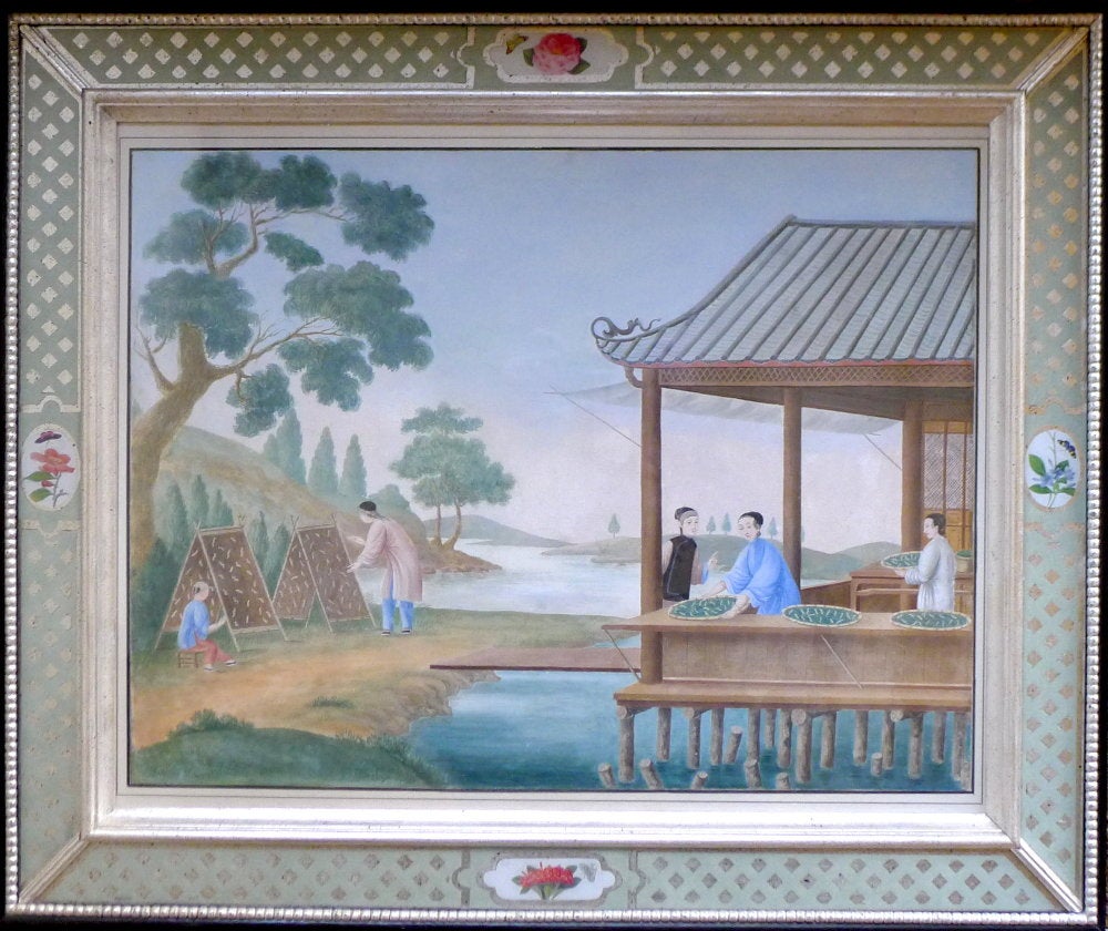 A Large China Trade Painting showing Tending of Silkworms