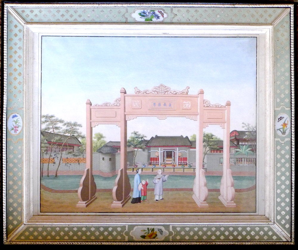 China Trade Large Watercolor and Gouache Painting of a Merchant's Mansion