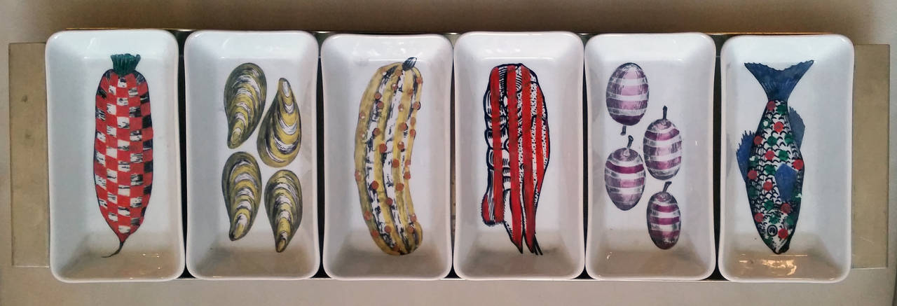 Mid-Century Modern Piero Fornasetti Dishes Mounted in a Metal Serving Tray, Verdure Pesci Pattern