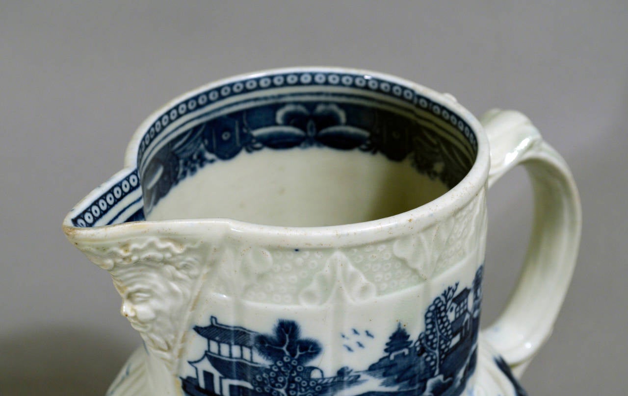 English Caughley Porcelain Underglaze Blue Conversation Cabbage Leaf & Mask Jug