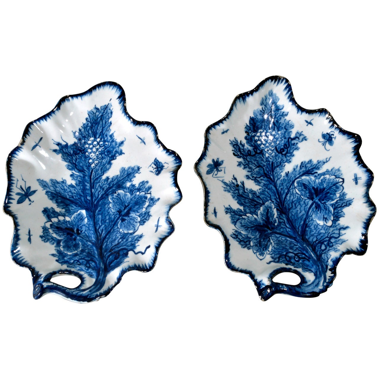 Bow Porcelain Underglaze Blue Trompe L'oeil Leaf Dishes, Circa 1765
