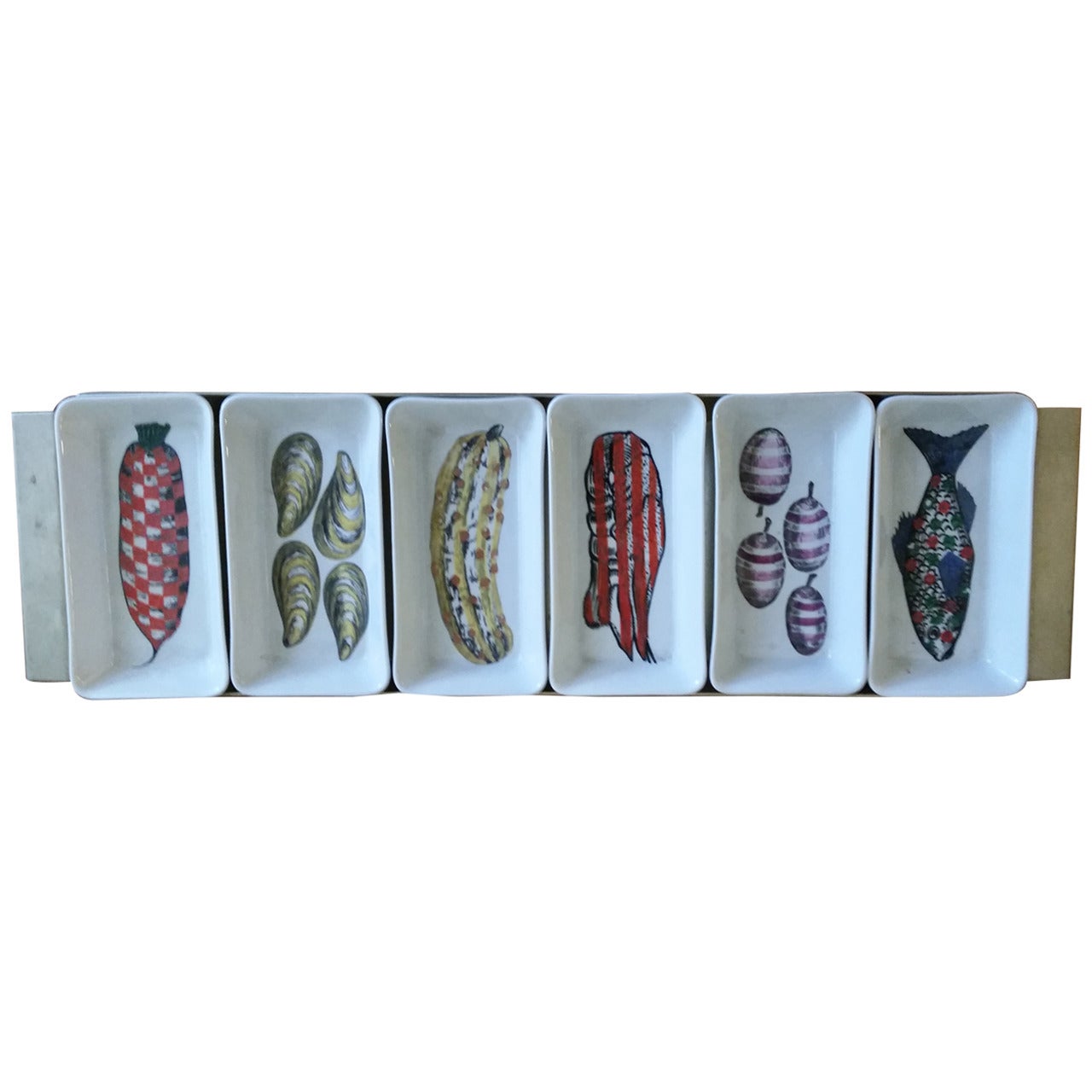 Piero Fornasetti Dishes Mounted in a Metal Serving Tray, Verdure Pesci Pattern