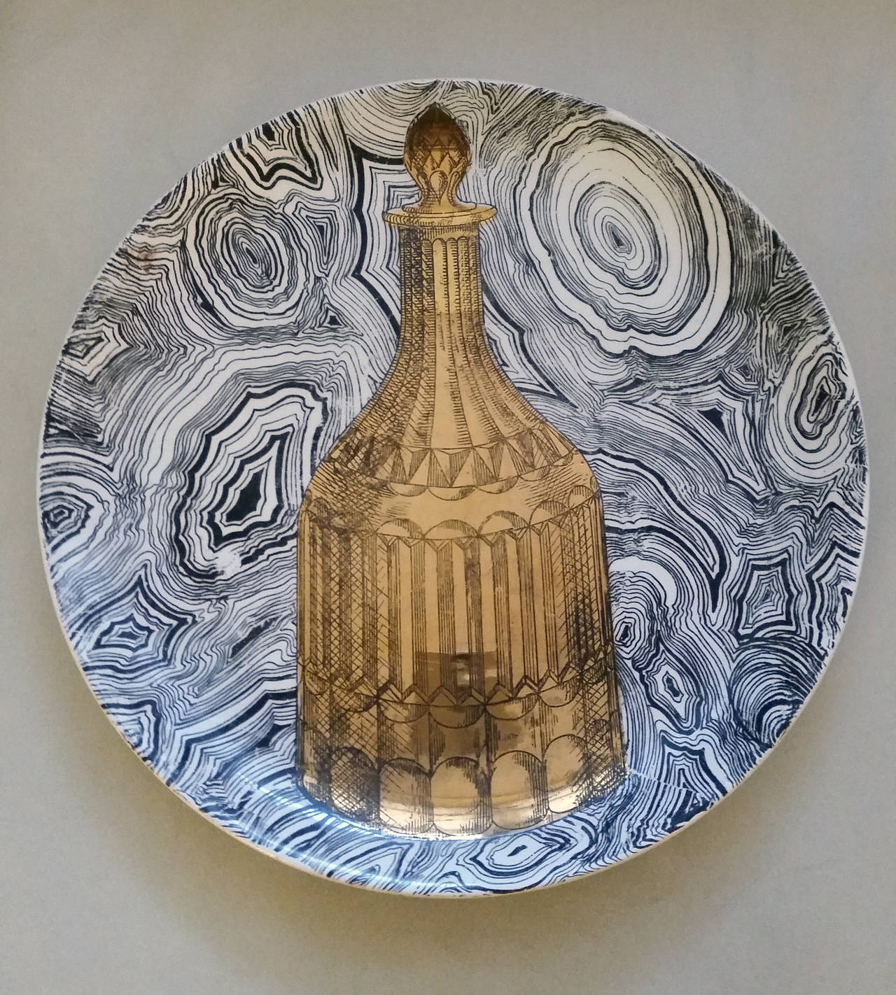 Rare Black and White Piero Fornasetti Stoviglie Plate Malachite with Decanter