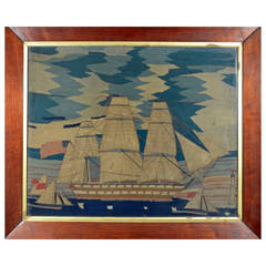 Large Early American Sailor's Woolwork Picture of an American Ship