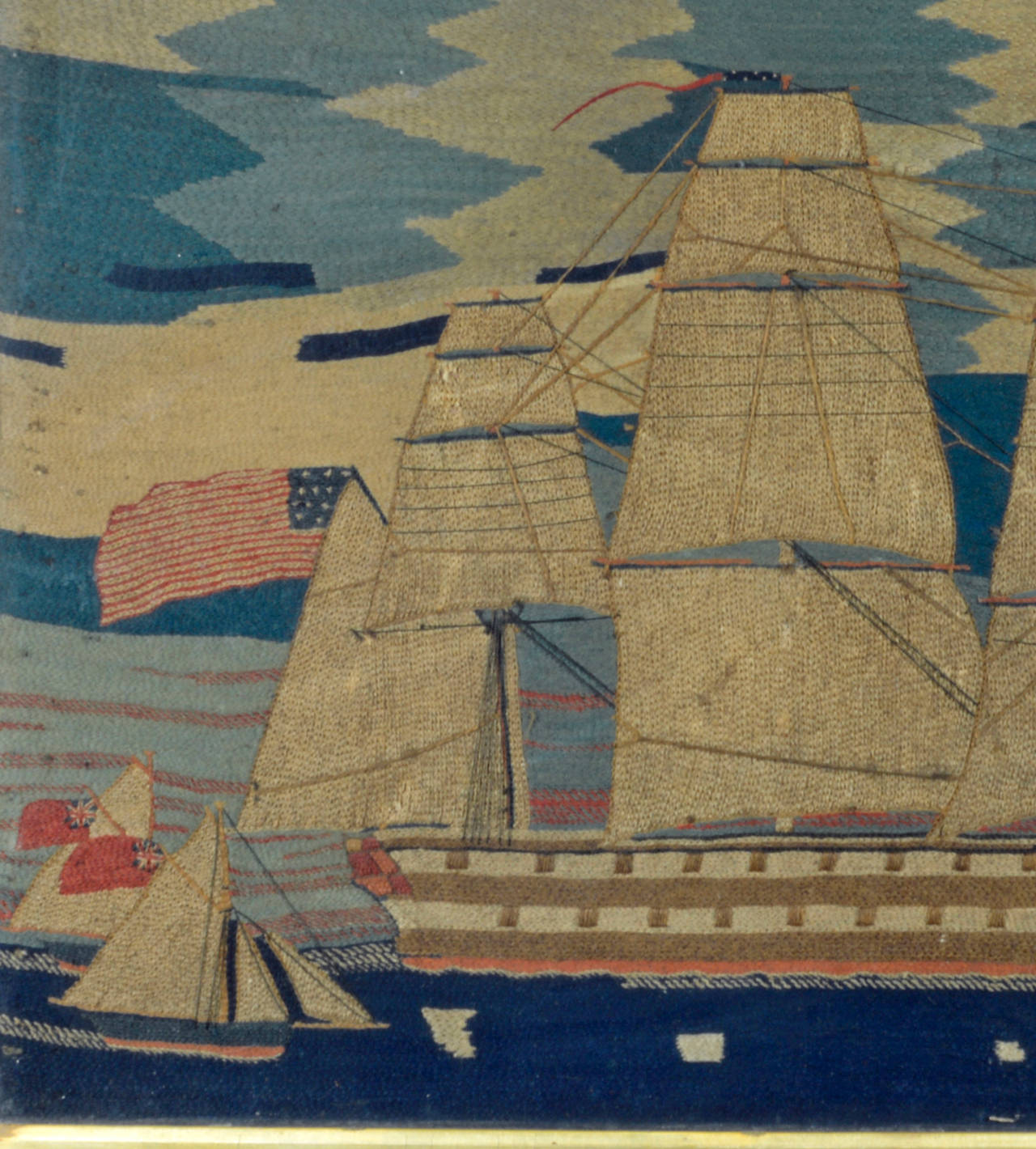Large Early American Sailor's Woolwork Picture of an American Ship