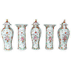 18th Century Chinese Export Five-Piece Famille Rose Porcelain Garniture of Vases