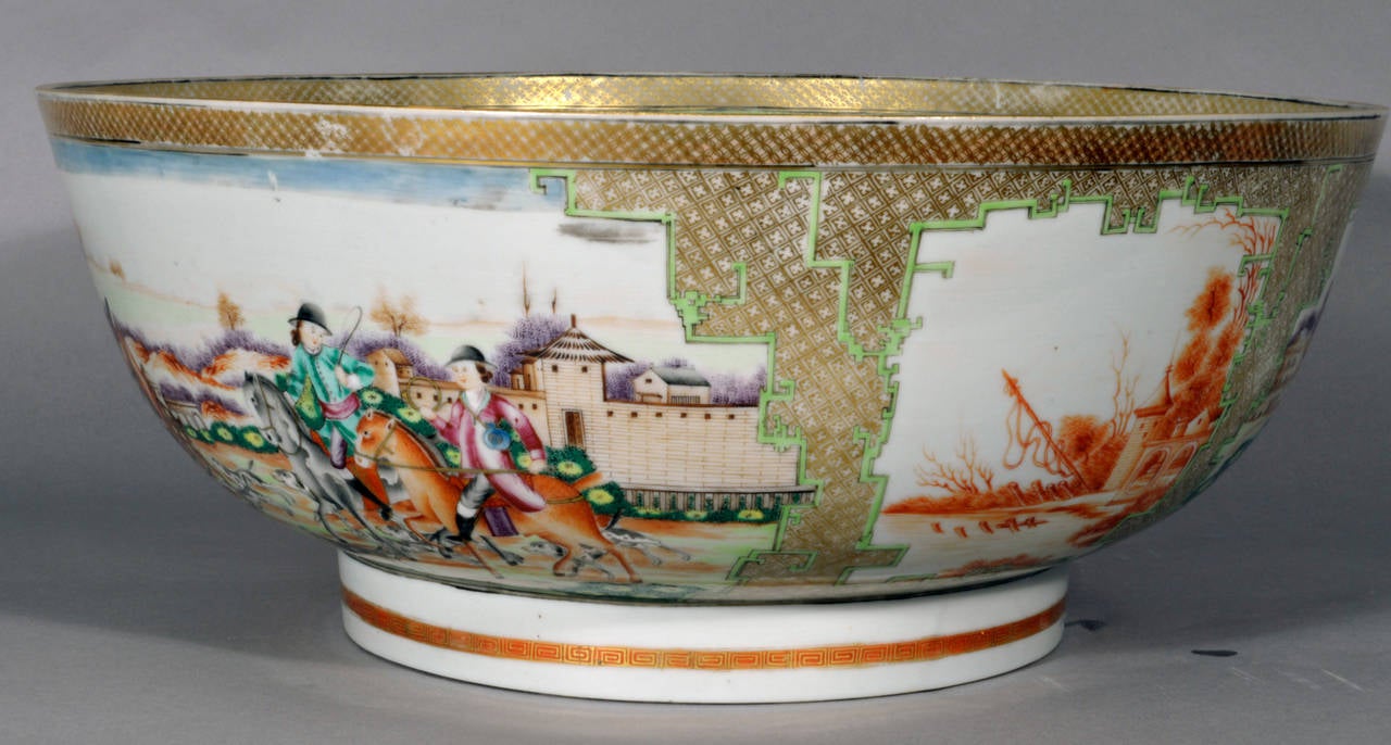 18th Century Chinese Export Famille Rose Hunt Bowl with European Figures