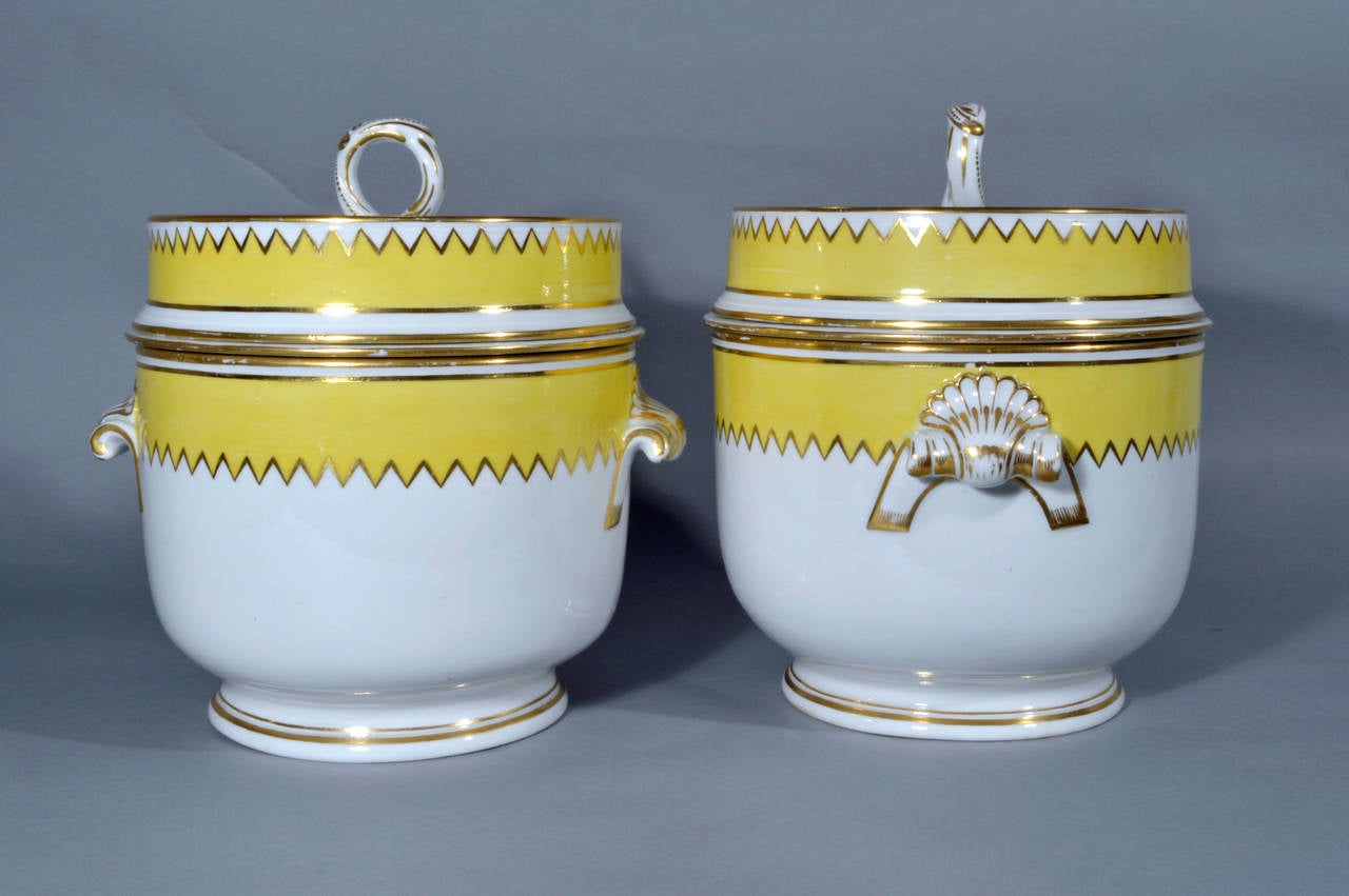 Neoclassical Pair of Derby Porcelain Yellow Fruit Coolers with Liners and Covers