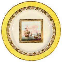 Derby Yellow Ground Porcelain Plate Decorated with Maritime Subject