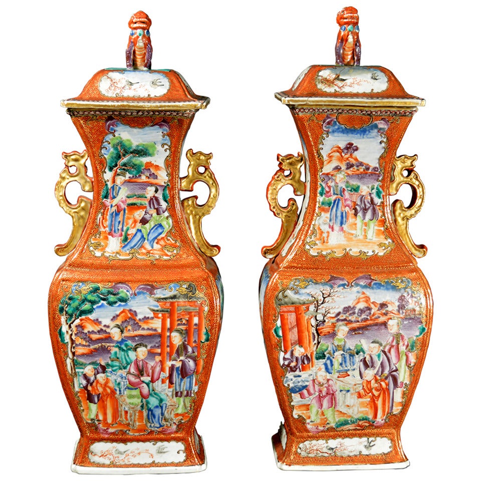 A Pair of Large Chinese Export Porcelain Mandarin Vases