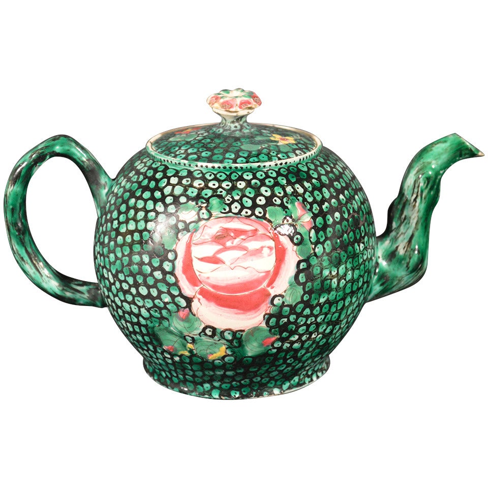 An English Shagreen Green Saltglazed Stoneware Teapot & Cover