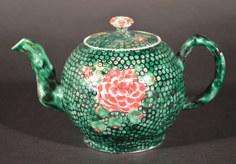 George II An English Shagreen Green Saltglazed Stoneware Teapot & Cover