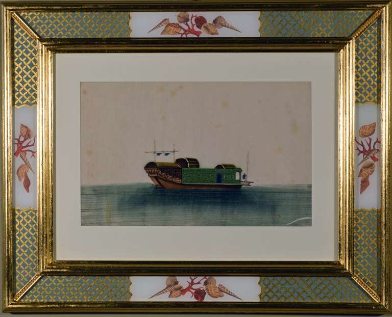 A superb set of China Trade watercolours featuring various styles of sampan and junk boats. Painted on pith paper  and mounted in contemporary églomisé and decoupage frames.