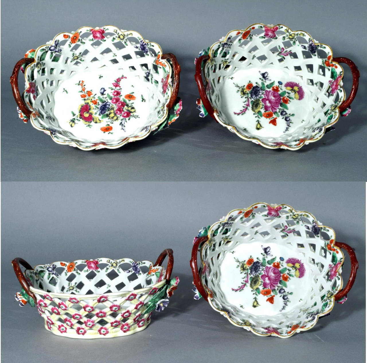 The baskets, of oval shape, has yellow ground pierced trellis sides.  The baskets are painted on the inside with a large bouquet of spring flowers of puce, iron-red, purple, yellow and green, and scattered brightly colored sprigs around the sides. 