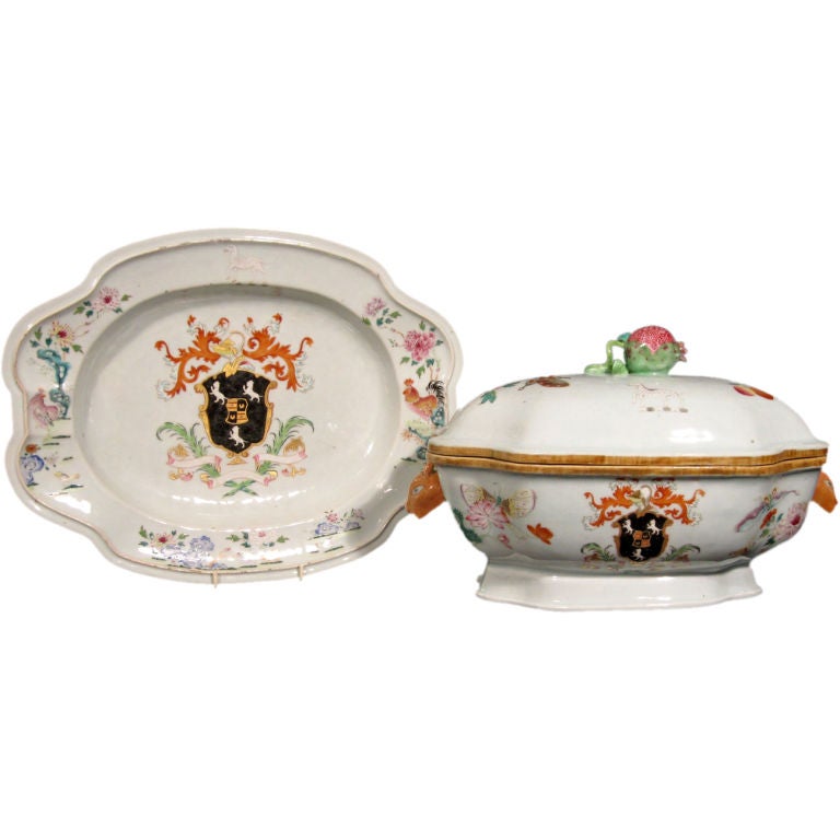 A Chinese Export Porcelain Armorial Tureen, Cover and Stand