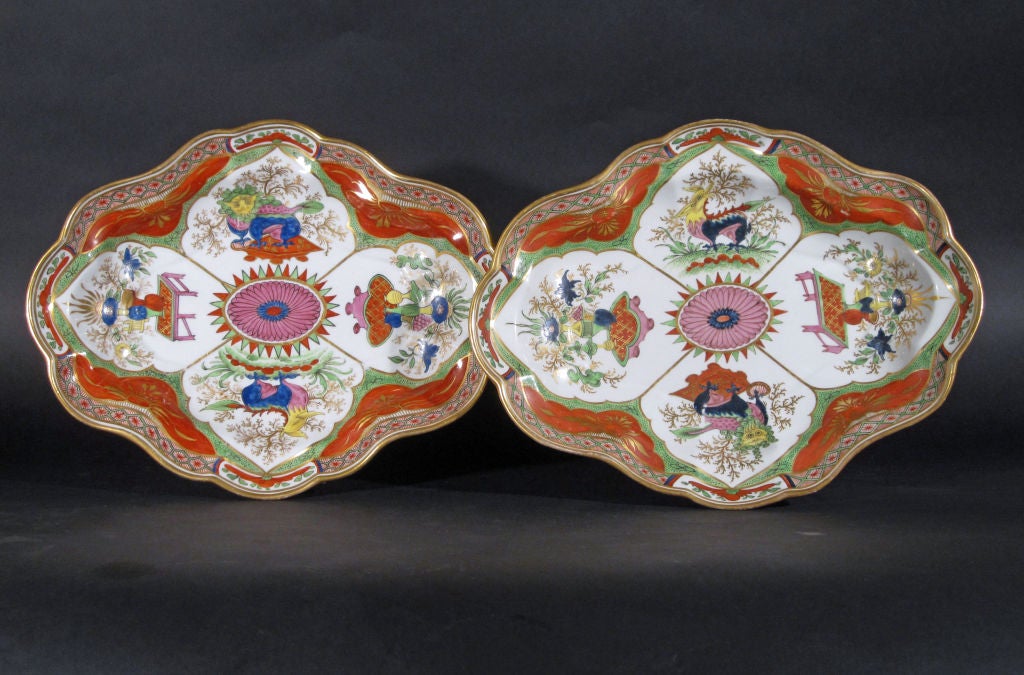 The oval dishes are decorated with the famous Bengal Tiger Pattern described at the time as Dragon in Compartments pattern. <br />
<br />
Mark: One marked Chamberlains Worcester and N75 in purple script. and scratch T, a mark associated with the