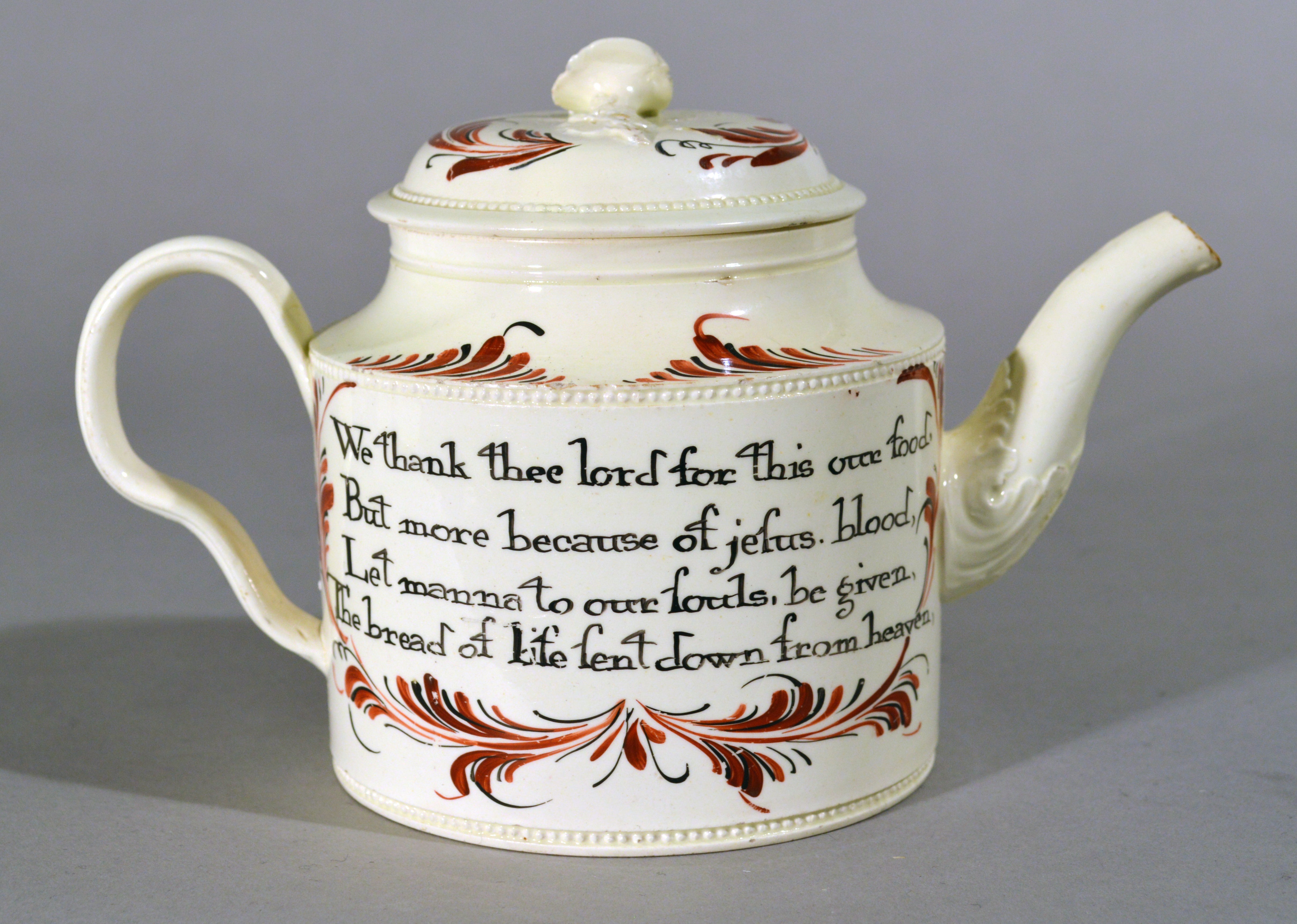 A Rare 18th Century English Creamware Teapot Inscribed with Prayers of Grace