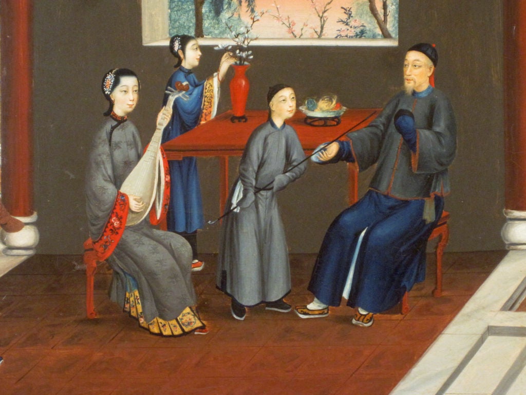 A Large Chinese Painting of Figures on a Verandah