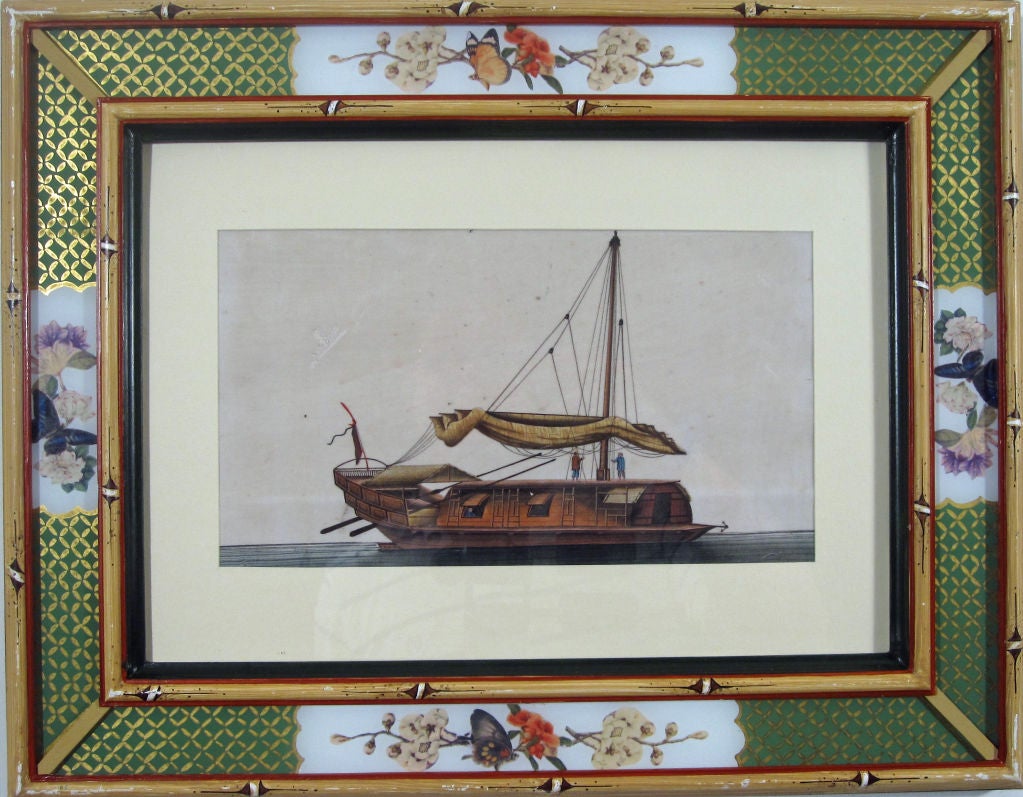 The Chinese watercolours depict various Chinese watercraft known as sampans and Junks.  The material they are painted on is pith paper.  The frames are eglomise and decoupage.