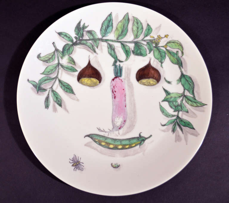 Mid-Century Modern A Set of Six Piero Fornasetti Arcimboldesca-Motif Vegetable Face Plates