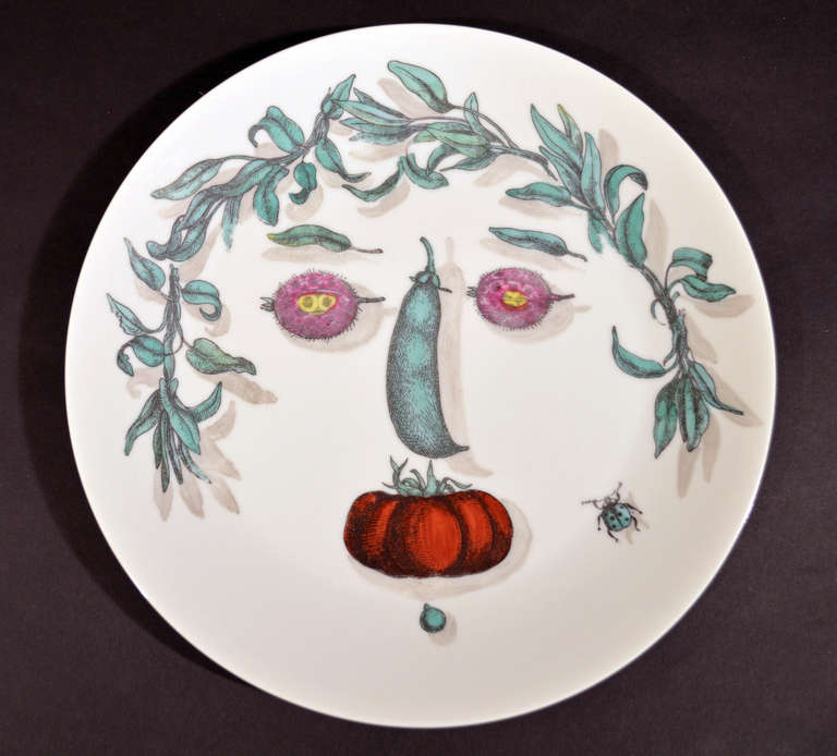 A Set of Six Piero Fornasetti Arcimboldesca-Motif Vegetable Face Plates In Excellent Condition In Downingtown, PA
